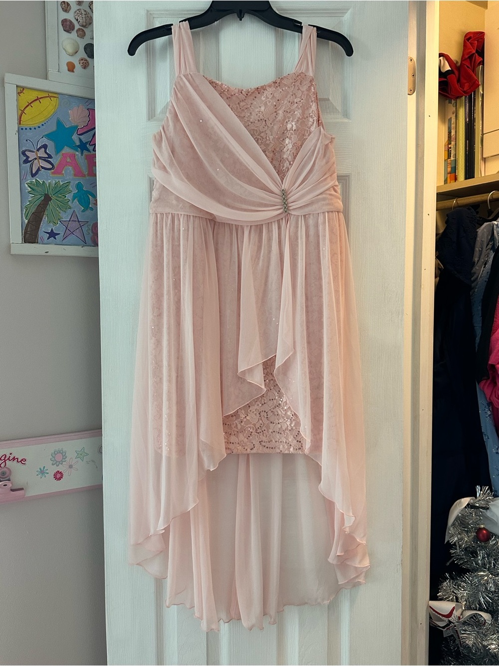 by & by Pale Pink Lace & Chiffon High-Low Party Dress